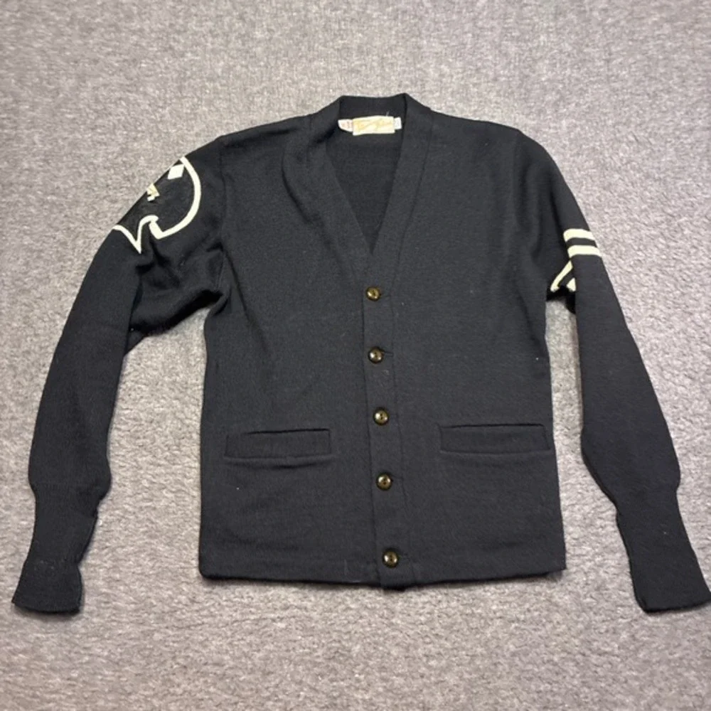 Shannon and Johnson Cardigan Sweater Mens 36 Black Vintage Letterman‎ Wool 70s